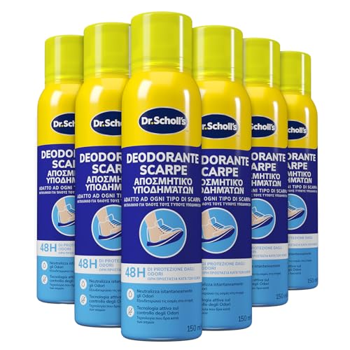 Dr. Scholl's, Deodorante Spray per Scarpe con Tecnologia Attiva sul Controllo degli Odori, Elimina e Protegge dai Cattivi Odori per 48h, Adatto ad Ogni Tipo di Scarpa, 6 Flaconi da 150 ml