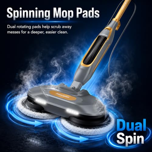 Funsteam Steam and Scrub Mop, Steam Mop with Dual Rotating Pads, Swivel Steering, 2 LED Headlight, 4 Cleaning Modes, 15.2 fl oz Tank, 6 Washable Pads for All-in-One Sealed Hard Floors