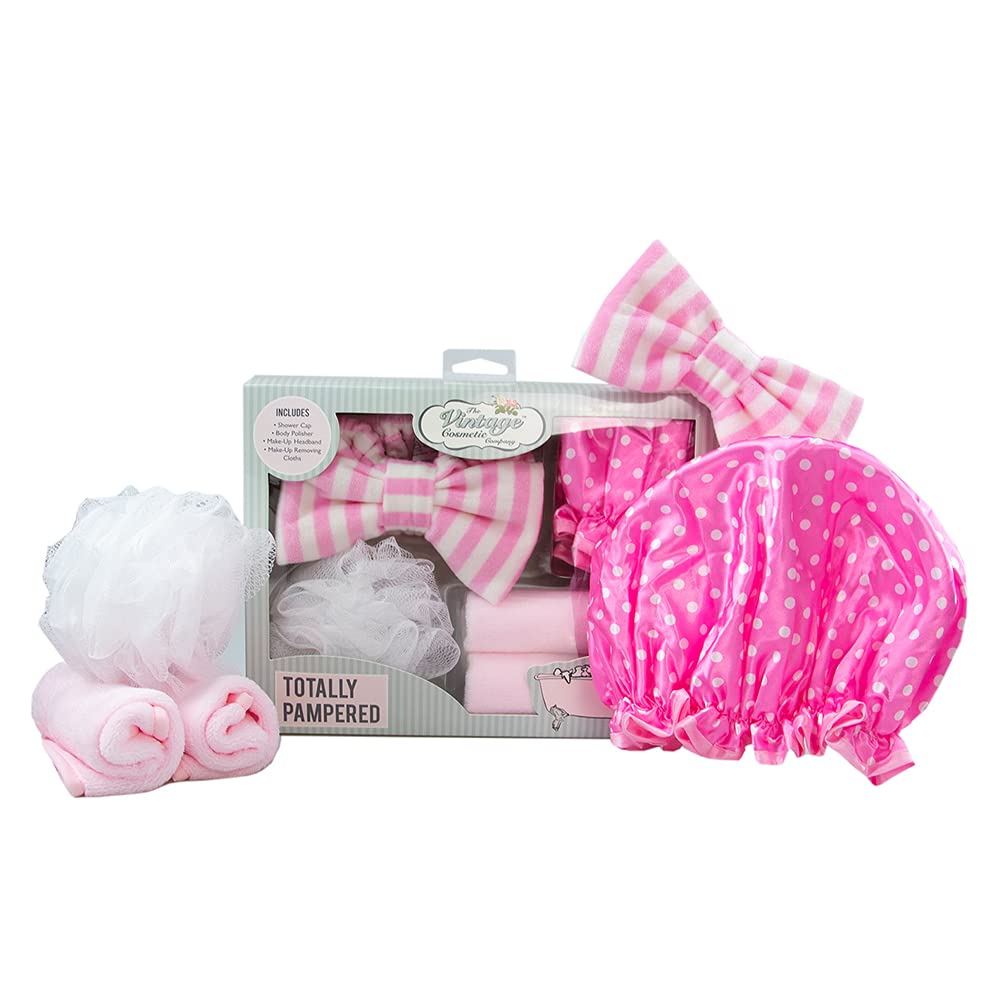 The Vintage Cosmetic Company Totally Pampered Pink Gift Set Collection Make-up Headband, Body Polisher, Shower Cap and Make-up Removing Cloths