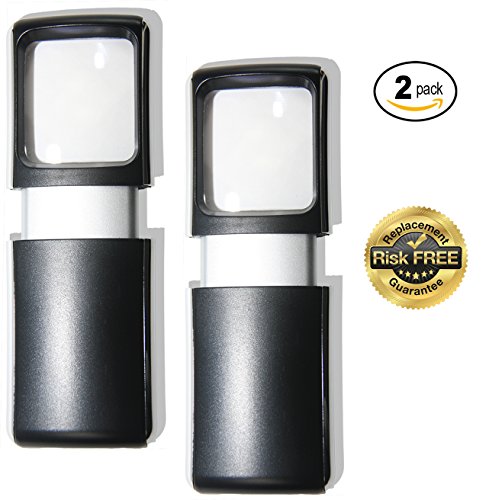 Small Handheld LED Magnifier with Bright Light 2 Pack; Pocket Fold-able Reading Glasses 3X; Illuminated Hobby Lens Set a Macular Degeneration aid for Vision Impaired; Eye Strain Relief