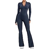 YEOREO Women Long Sleeve Flare Workout Jumpsuit Zip Up Romper Bottom Pants Wide Leg Bodysuit Bodycon Sexy One Piece