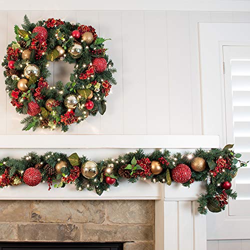 [9 Foot Artificial Christmas Garland] - Scarlet Hydrangea Collection - Red and Gold Decoration - Pre Lit with 100 Warm Clear Colored LED Mini Lights - Includes Remote Control Battery Pack with Timer - Thumbnail 2