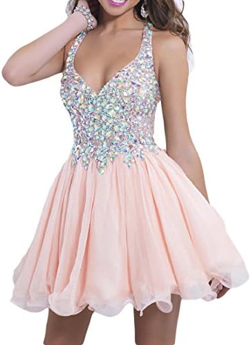 MonaBridal Women's Sexy Beaded Homecoming Dress V Neck Short Cocktail Dress Pearl Pink 22W