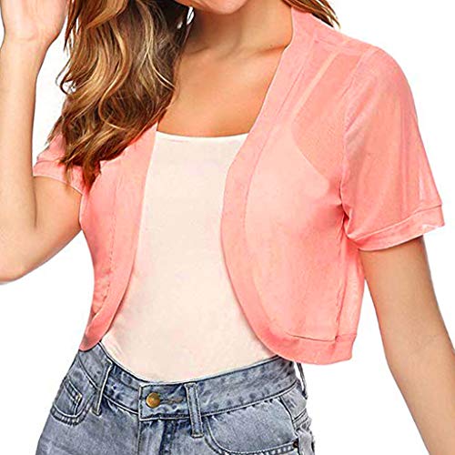 Summer Womens Tops Semi Sheer Short Sleeve Corp T-Shirt Chiffon Solid Basic Shrug Open Front Bolero Cardigan Tops Pink