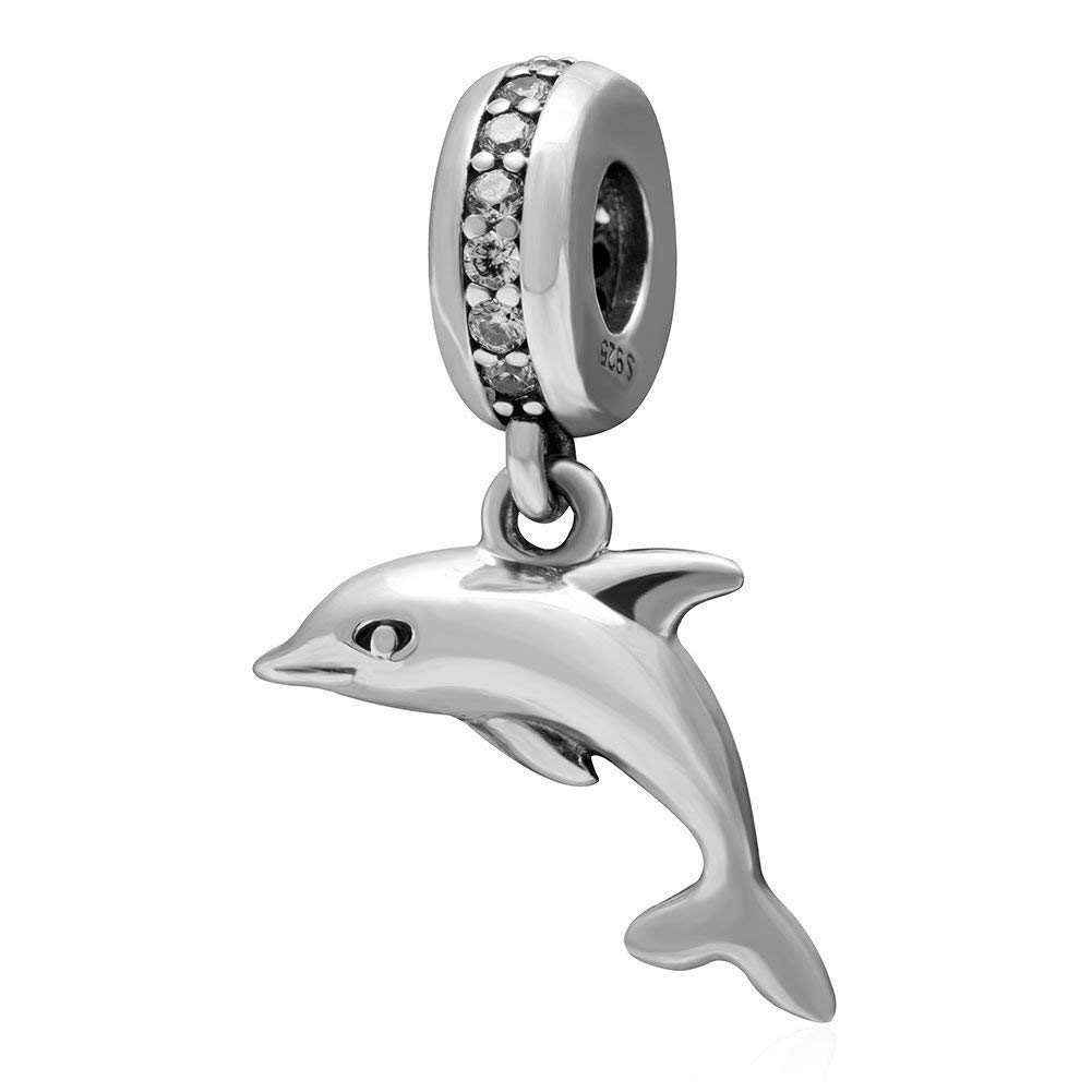 925 Sterling Silver Dolphin Charm with Crystal Charm Ocean Charm Animal Charm Birthday Charm for Pandora Charms Bracelet (A)