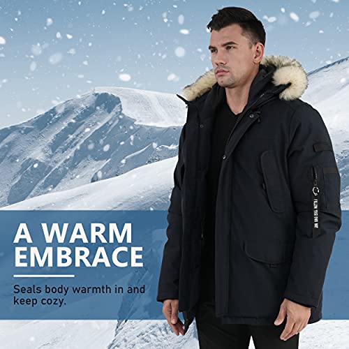 Molemsx Men's Down Alternative Jacket Insulated Expedition Mountain Thickened Lined Fur Hooded