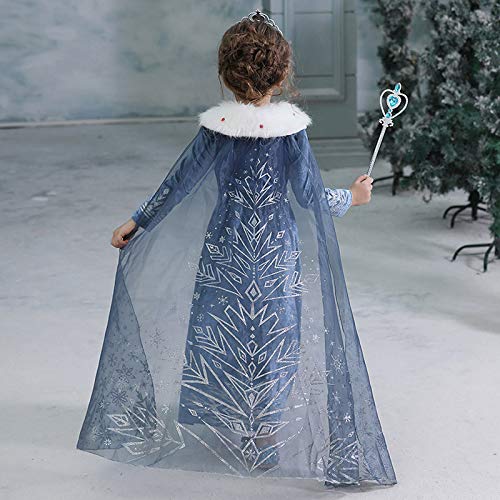 Evursua Princess Elsa Costume for Girls Winter Dress up Snow Queen Theme Party Dress,with Sparkle Crown Wand (130cm/5-6Y)