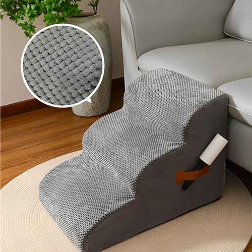 Beauenty Dog Stairs Ramp for Beds & Couches, Extra Wide Pet Steps with Non-Slip Fabric, Ideal Dog Ramp for Bed, Perfect Dog Stairs for Small Dogs and Cats,Grey,3-Tiers