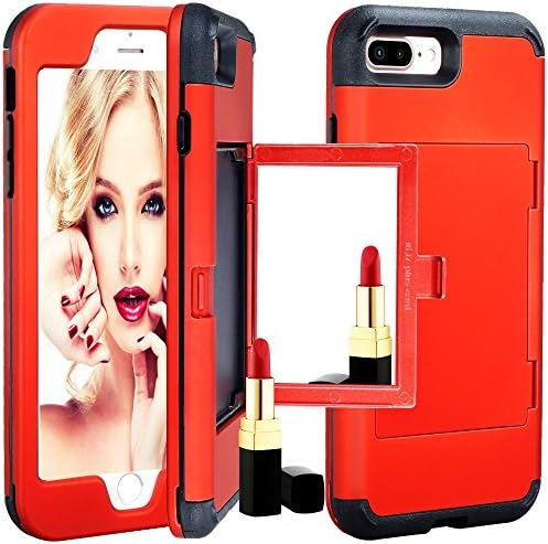 iPhone 7 Plus Case,OTRON DIRECT Slim Dual Layer Wallet Design Anti-Slip Scratch-Resistant Protection Hybrid Tough Bumper Armor Cover With Card Slot Holder Hidden Back Mirror For iPhone 8 Plus (Red)