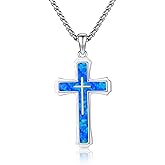 YueYuan YueYuan Cross Necklace for Men 925 Sterling Silver Abalone Shell/Opal/Malachite/Turquoise/Lapis Lazuli/Obsidian/Tiger Eye Stone/Red Coral/Black Tourmaline/Celtic/Ankh Cross Pendant Religious Jewelry Gift（Blue Opal）