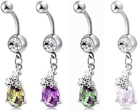 Tiffinys Jewelry Stainless Steel Petal-Shaped Belly Button Rings Cubic Zirconia Navel Bars Body Piercing Jewelry Set (4 Colors)