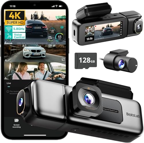 Botslab 3 Channel Dash Cam 4K with 128GB Card, 3.18" Touch Screen, Voice Control, 4K Front and 1080P Rear Inside Loop Recording, 5.8GHz WiFi, GPS, Night Vision, WDR, Parking Mode