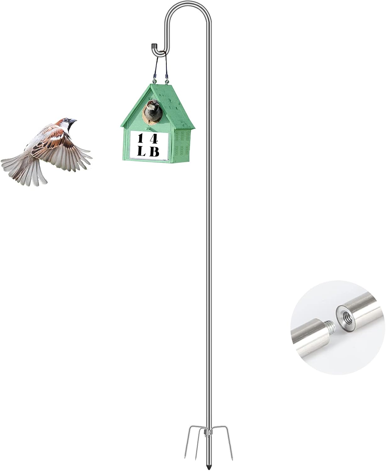 Outdoor Shepherd's Hooks - Bird Feeder Pole，Only 3 Solid Spikes .78 inch Adjustable Outdoor Silver Stainless Steel Shepards Hook, 6/8 inch Thick Pole, Outside Garden Sheppard Hooks for Bird Feeders Stand, Hanger, Plants