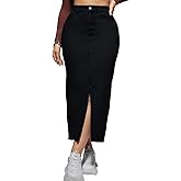 Women's Casual Slit Denim Midi Jean Skirt Stretch High Waisted Button Up Frayed with Pockets