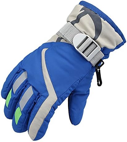 Kids Unisex Winter Warm Waterproof Ski Gloves with Adjustable Straps for Skiing, Snowboarding, ATV, Outdoor (Blue)