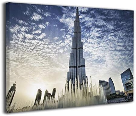 LxeSer Burj Khalifa in Dubai Fountain Canvas Prints Wall Decorations Contemporary Artwork for Bedroom Kitchen Ready to Hang 20 X 16 Inches