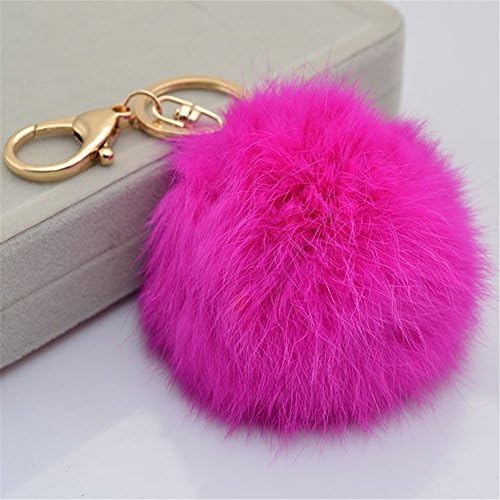 Yetagoo Rabbit Fur Pom Pom Keychain Use for Bag Car Purse Charm Fluffy Fur Ball Gold Key Ring (Rose red)