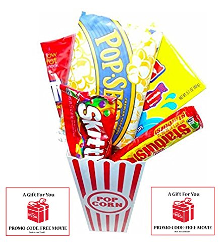 Movie Night Popcorn and Candy Gift Basket Plus 2 Free Redbox Movie Rentals ~ Includes Movie Theater Butter Popcorn and Concession Stand Candy and a Gift Card for 2 Redbox Movie Rentals (Sweedish Fish)