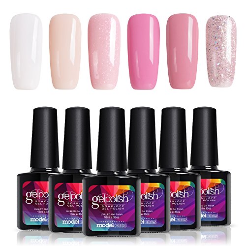 Modelones 6pcs Soak Off UV LED Gel Nail Polish Colors Set White Glitter Pink Gel Nail Starter Kit Â¡Â­