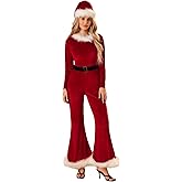 Prytgnsor Women’s Mrs Santa Claus Costume Long Sleeve Christmas Flared Jumpsuit And Santa Hat Set Adult Cosplay Costumes