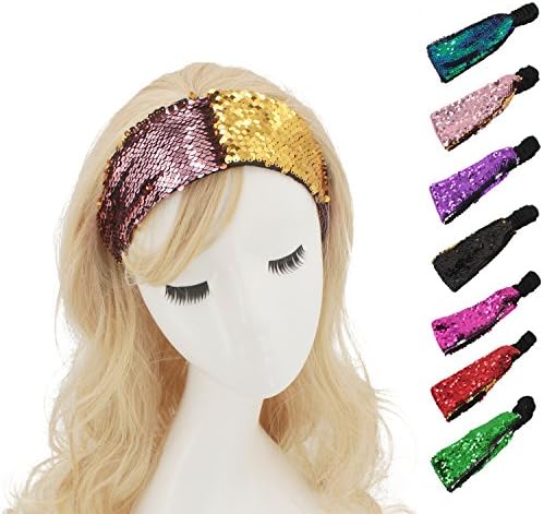 simsimy Sequin Headband Pack1 Glitter Headbands Colors - Elastic Stretch Sparkly Fashion Headband For Teens Girls Women Reversible Color Changing Hair Accessory Great Gift Idea (Pink+Gold)