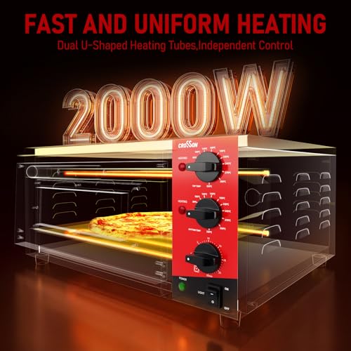CROSSON Electric Pizza Oven 16 Inches, Professional Electric Pizza Oven in Stainless Steel 230 V/2000 W with Stone and Handle, for Indoor Restaurant Cooking Home Kitchen