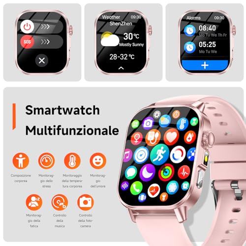 2026 Nuovo Smartwatch Donna con ECG/Pressione Sanguigna/Sonno/Acido Urico/Temperatura/HRV/Cardiofrequenzimetro/BMI/Emozioni/Fatica, 2,0"Orologio Salutare con Torcia LED/Funzione Telefono/Pulsante SOS