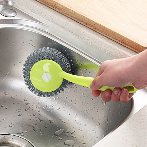 hothuimin Stainless Steel Scourer Scrub Pad with Plastic Handle Cleaning Brush Stainless Steel&Plastic Wire Scrubbers1 Handle 8Pcs of Scouring/Cleaning Steel Wire Balls#19-QJQ-G - Thumbnail 3