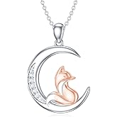 LWXIE Diamond Fox Necklace for Women 925 Sterling Silver Fox on Moon Pendant Necklace Animal Moon Necklace Diamond Jewelry Gifts for Women Wife Girlfriend (0.059 ct t.w)