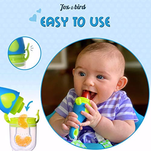 Fox and Bird - Baby Fruit Feeder Pacifier (2 Pack) | Baby Food Feeder | Doubles as Teething Toy for Infants and Toddlers | Includes Pacifier Clip and 6 Silicone Pouches (Blue/Orange) - Thumbnail 2