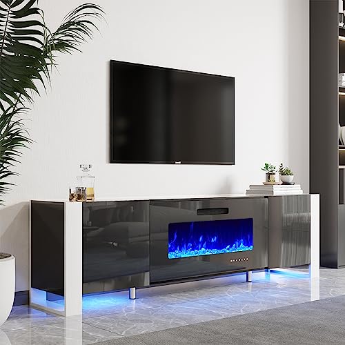 Jocisland 80" Fireplace TV Stand with 40" Electric Fireplace, Entertainment Center with High Gloss Doors & LED Lights, Modern Entertainment Stand for TVs up to 90", Black