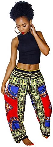Womens Dashiki Blue flora Loose Trousers Bohemian Wide leg Lounge Pants Red M