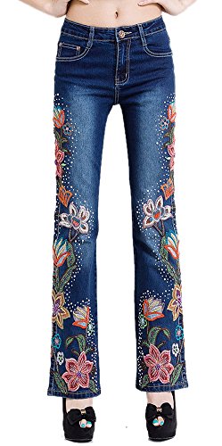 Women's Beaded Flowers Embroidered Washed Denim Jeans Dark Blue 34