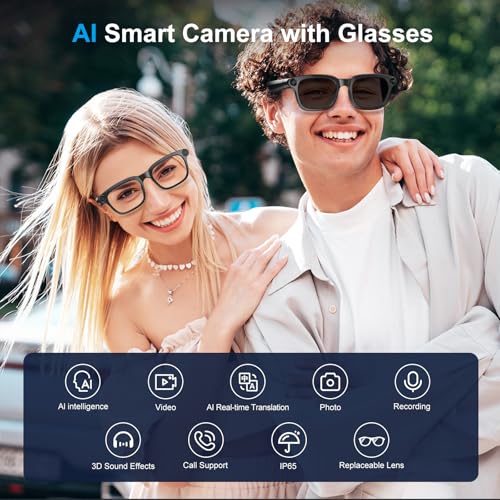 AI Smart Glasses with 8MP Camera, 4K Video, Photo Capture, Real-Time Translation, Recording, AI Assistant, Open-Ear Audio, Bluetooth, Object Recognition, Replaceable Sunglasses Lenses for Men Women