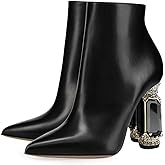 FSJ Women Chic Pointed Toe Crystal Chunky Block High Heel Ankle Boots Glossy Side Zipper Casual Daily Fashion Ladies Fall Shoes Size 4-15 US