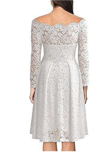 MAGICMK Women's Vintage Floral Lace Long Sleeve Boad Neck Swing Dress Party Cocktail Wedding Dress (XS, White)
