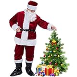 Christmas Santa Claus Costume with Beard,Velvet Men's Deluxe Santa Suit,Wine Red,M to L