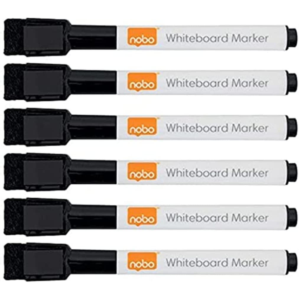 Nobo Mini Whiteboard Pens With Magnetic Eraser Cap, 2mm Fine Tip, Pack Of 6, Dry Wipe/Erase, Low Odour, Black, 2104184