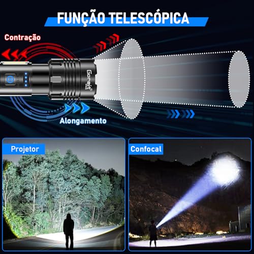 Lanterna Led Recarregável 10000Lúmen, Lanternas Tatica Militar Há 7 Modos, XHP90.2 Chip, lanternas Potente Zoom de Longo Alcance, Lanternas Para Acampamento, Pesca Emergências, Super Lanterna USB LED