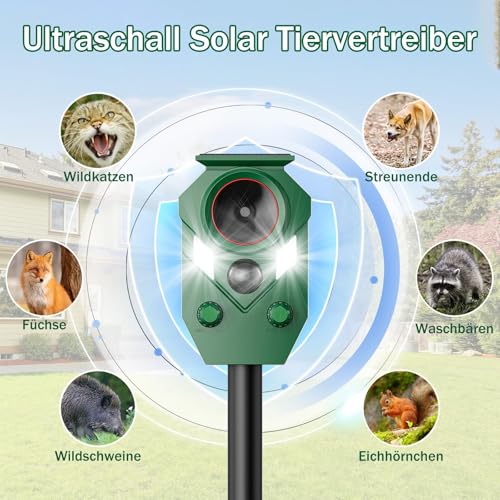 Ultrasonic Solar Cat Repeller Garden with Motion Sensor & 5 Modes, Cat Repellent and Marten Deterrent, IP65 Waterproof Against Cats, Martens, Birds and Voles