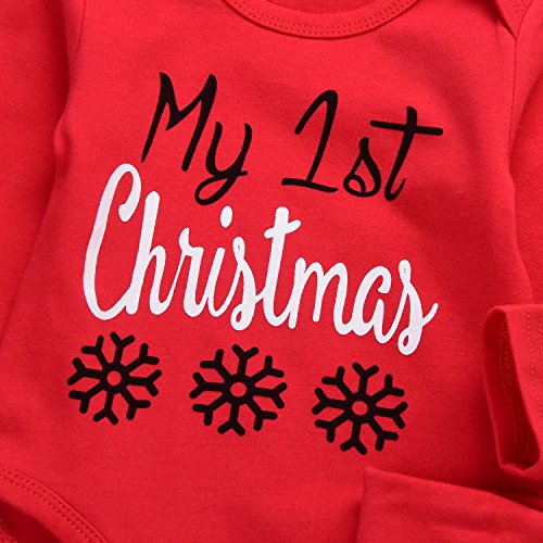 4Pcs Christmas Baby Boy Girls Long Sleeve Snow Romper Bodysuit+Arrow Pant+Hat+Headband Clothes (6-12Months, Red&White)