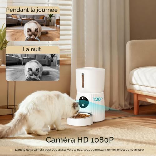 Faroro Automatic Cat Food Dispenser, HD 1080P Camera with Night Vision, 5G WiFi Feeder for Cat/Dog with Two-Way Audio, APP, Dual Power (White)