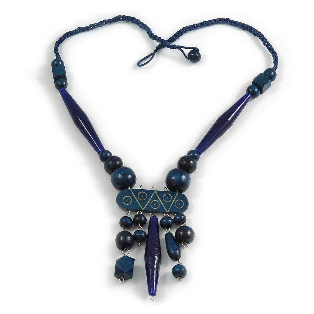 Avalaya Tribal Wood/Ceramic Bead Cotton Cord Necklace in Dark Blue - 60cm Long/ 10cm Long Front Drop