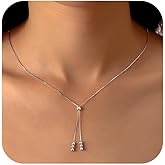 UTISUVIKO Lariat Necklace for Women,Dainty Long 14K Gold Plated Y-Shaped Pearl Necklace 925 Sterling Silver Cubic Zirconia Crystal Ball Sparkle Necklace for Mother Daughter Wedding Valentine’s Day Jewelry