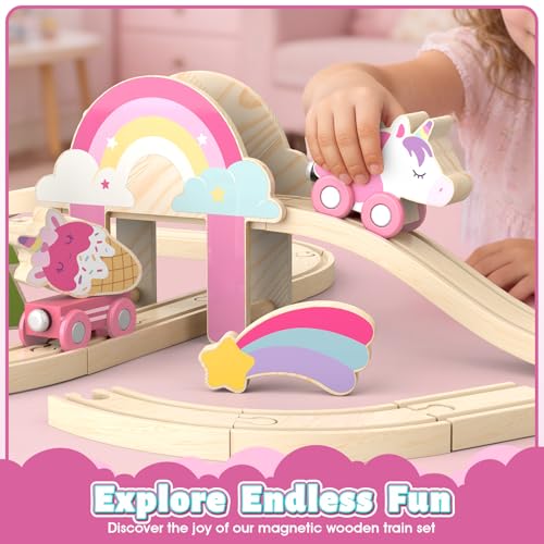 Lehoo Castle Wooden Train Set - Unicorn Train Set for Toddlers 2-4, Wooden Train Track Toddler Girl Toys, Pink Train Fantasy Toys for 3 4 5 6 7 Year Old Girl