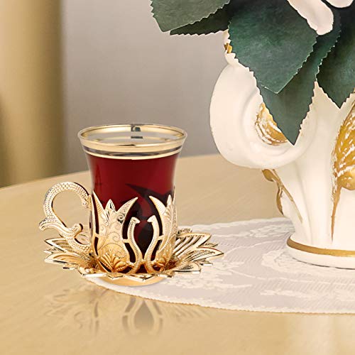 LaModaHome Golden Tea Set of 6 and Tray - Includes 6 Glasses, 6 Saucers Holders, and a Tray - VIP Special Serving Turkish Tulip - Arabic, Moroccan Coffee Sets - Cups and Mugs