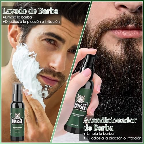 OranSee Kit Cuidado Barba 14 en 1 para Hombre, Incluye Aceite, Bálsamo, Champú, Rodillo Microagujas, 2 Cajas de Hojas, Maquinilla Plumas, Mejor Regalo Perfecto Originales para Hombre o Papa