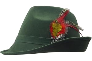 Essence of Europe Gifts German Hat | Hunter Hat Faux Leather Fedora with Metal Edelweiss Pin & Feather - Oktoberfest Hats for Men & Women, 100% Polyester | Green