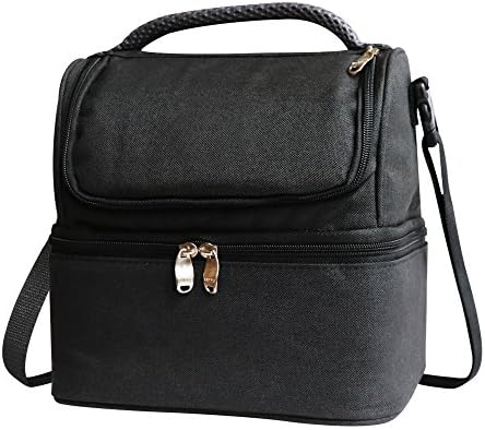 Insulated Lunch Bag, Dual Compartment Waterproof Large Capacity Cooler Tote Bag, Heatproof Breakfast/Tiffin/Dinner Zipper Thermal/Warm/Heated Bag with Handle and Detachable Strap (Black)