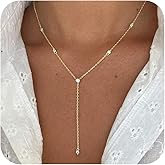 KMPTACDN Gold Long Necklace for Women, Dainty Gold Lariat Necklace 14k Gold Plated/Silver Y-Shaped Necklaces Layered CZ Beaded Chain Drop Pendant Necklaces Trendy Simple Jewelry Gifts for Women